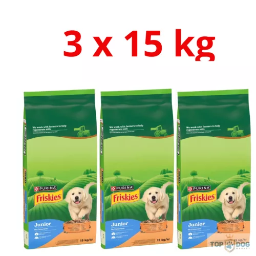 FRISKIES 3x15kg Junior csirkével, zöldségekkel és tejjel száraz eledel kölyökkutyáknak 