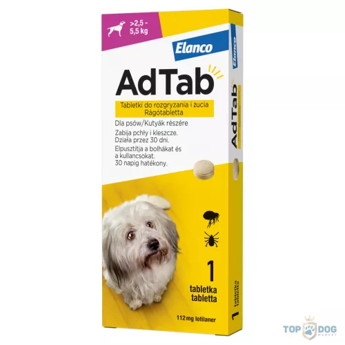 AdTab rágótabletta bolha és kullancs ellen kistestű kutyáknak (2,5–5,5 kg), 112 mg