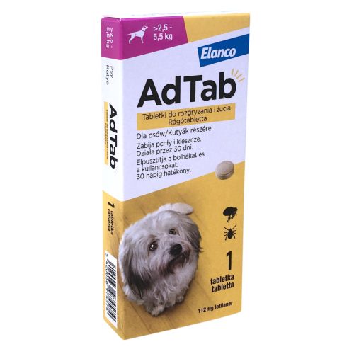 AdTab rágótabletta bolha és kullancs ellen kistestű kutyáknak (2,5–5,5 kg), 112 mg