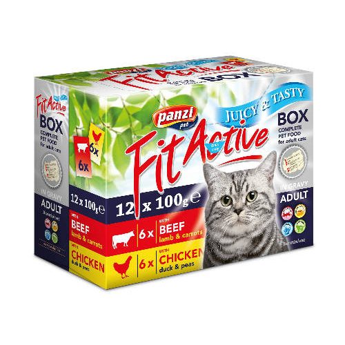 FitActive Cat Box 12x100g marha,csirke,pulyka,borjú válogatás szószban 