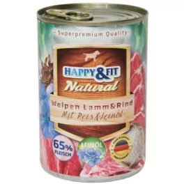   Happy&Fit Natural Dog konzerv junior bárány, marha rizzsel és lenmagolajjal 800gr