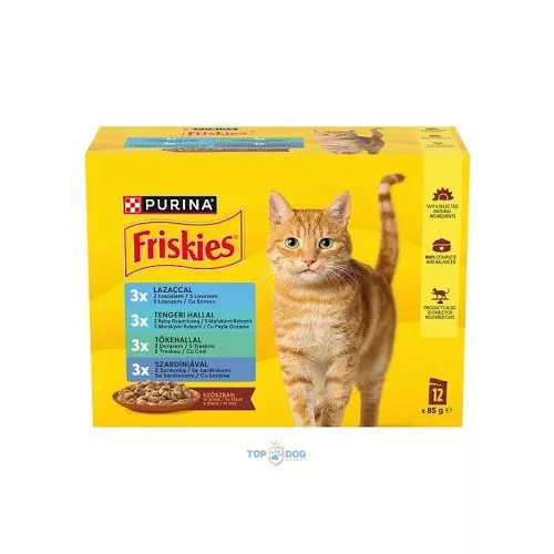 FRISKIES 12X85G  halas válogatás (Lazac - Tonhal - Tőkehal - Szardnia)